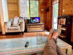 A cozy cabin interior with a sofa, a coffee table, a TV, and a bookshelf. - Woodlake Retreats Cozy Cabin + decks and firepit (Ashland)