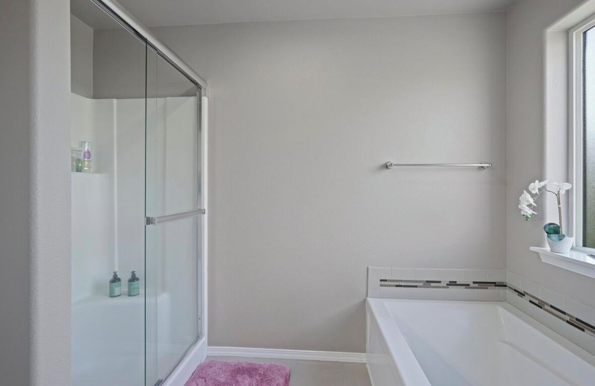 A bathroom with a glass shower enclosure, a bathtub, a window with a plant, and a towel rack.
