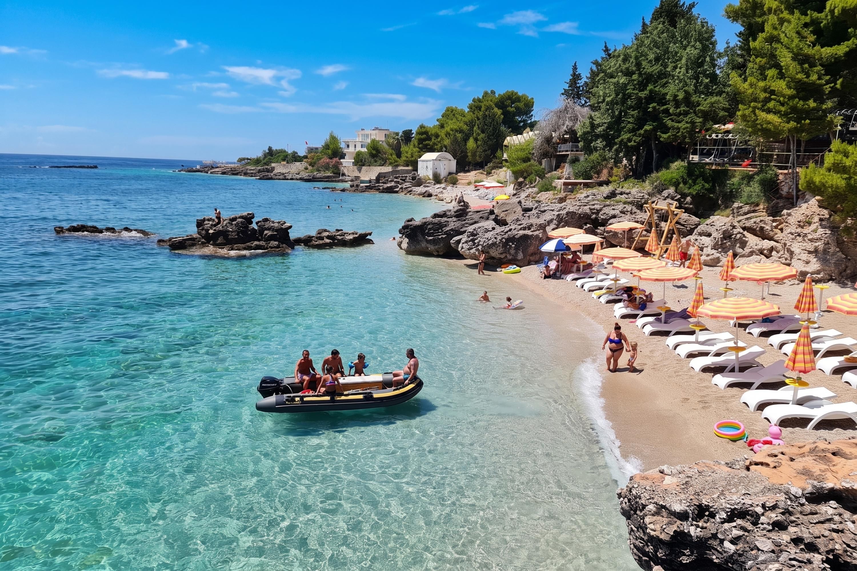 A beach with clear turquoise water, rocky outcrops, and a row of sun loungers with umbrellas.
