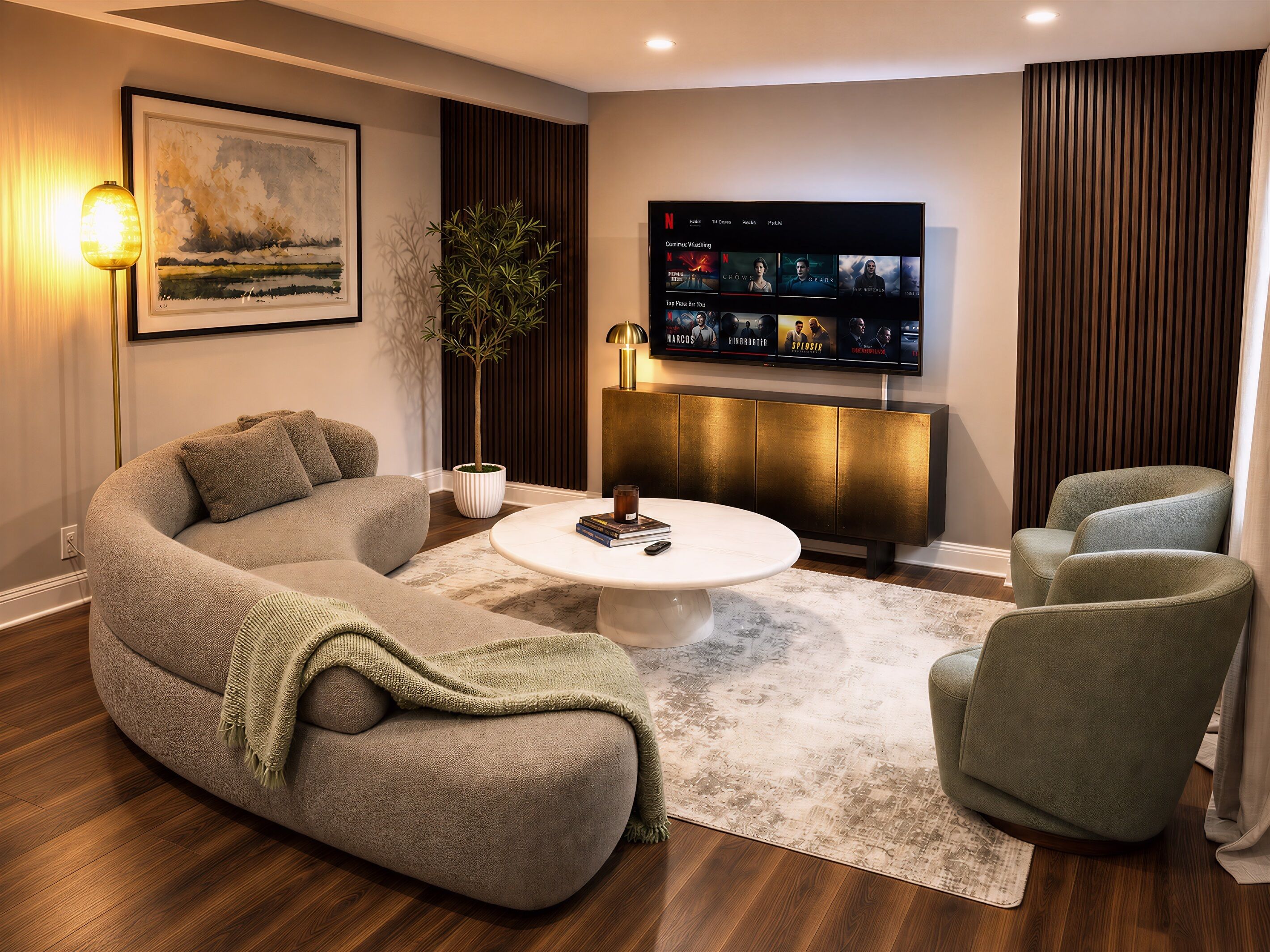 Smart TV, lareira, mesa de pingue-pongue, livros