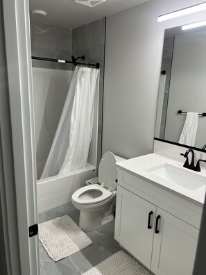 Hair dryer, towels, soap, toilet paper