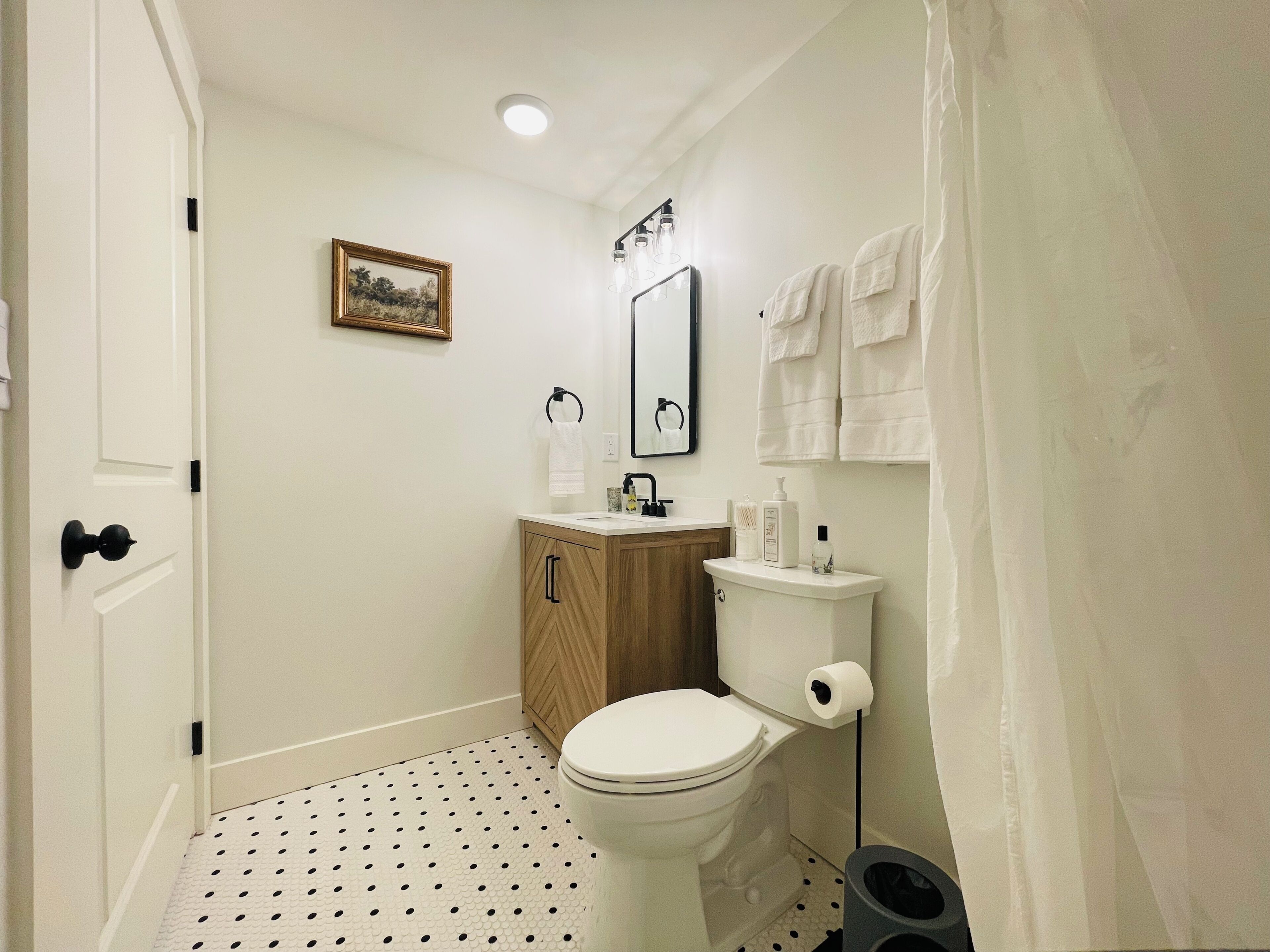 Secadora de cabello, toallas, jabón, papel de baño 