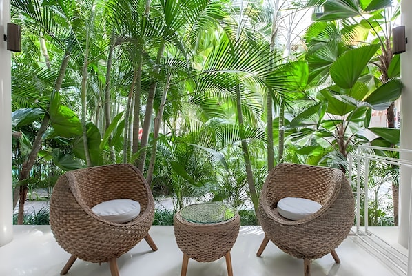 A room with three wicker chairs and a small table, surrounded by lush green plants.