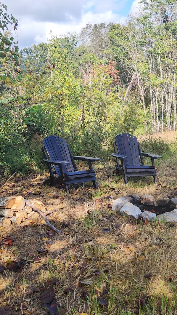 Two Adirondack chairs in a natural setting with a stone fire pit and a variety of trees and shrubs.
