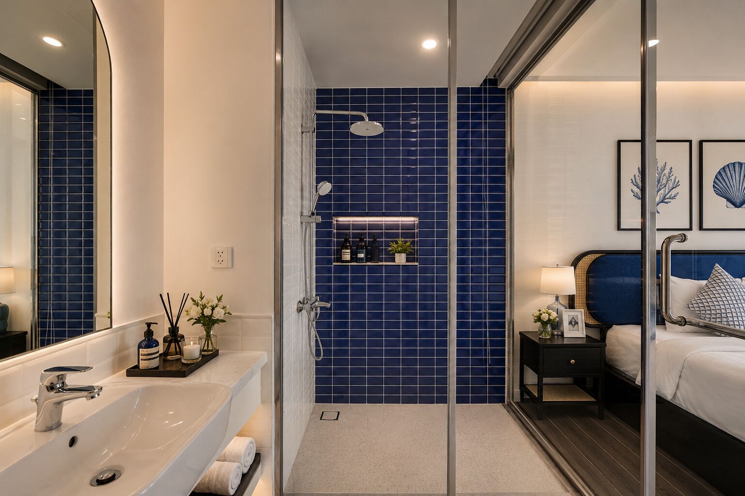 Junior Suite, Balcony, Beach View | Bathroom | Shower, rainfall showerhead, designer toiletries, hair dryer