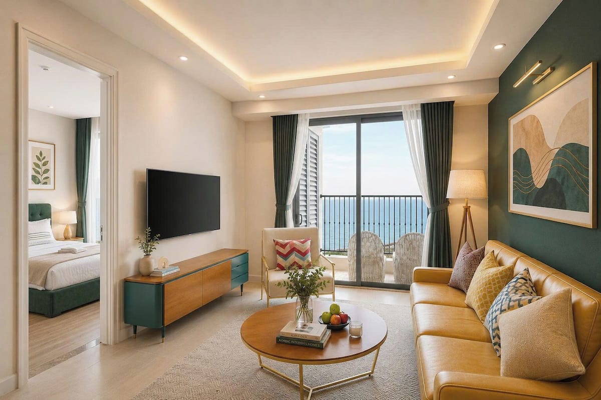 Suite ejecutiva, 2 habitaciones, balcón, vista a la playa | Área de sala de estar | Smart TV de 50 pulgadas con canales por cable