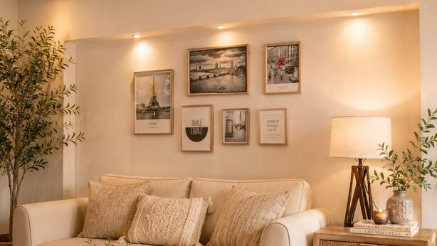 Uma sala de estar com sofá, mesa de centro, mesinha lateral com abajur e quadros nas paredes.