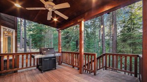Eine überdachte Terrasse mit Grill, Holzbalkonen und Blick auf einen Wald.