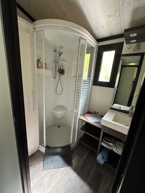 Shower, hair dryer, towels, toilet paper