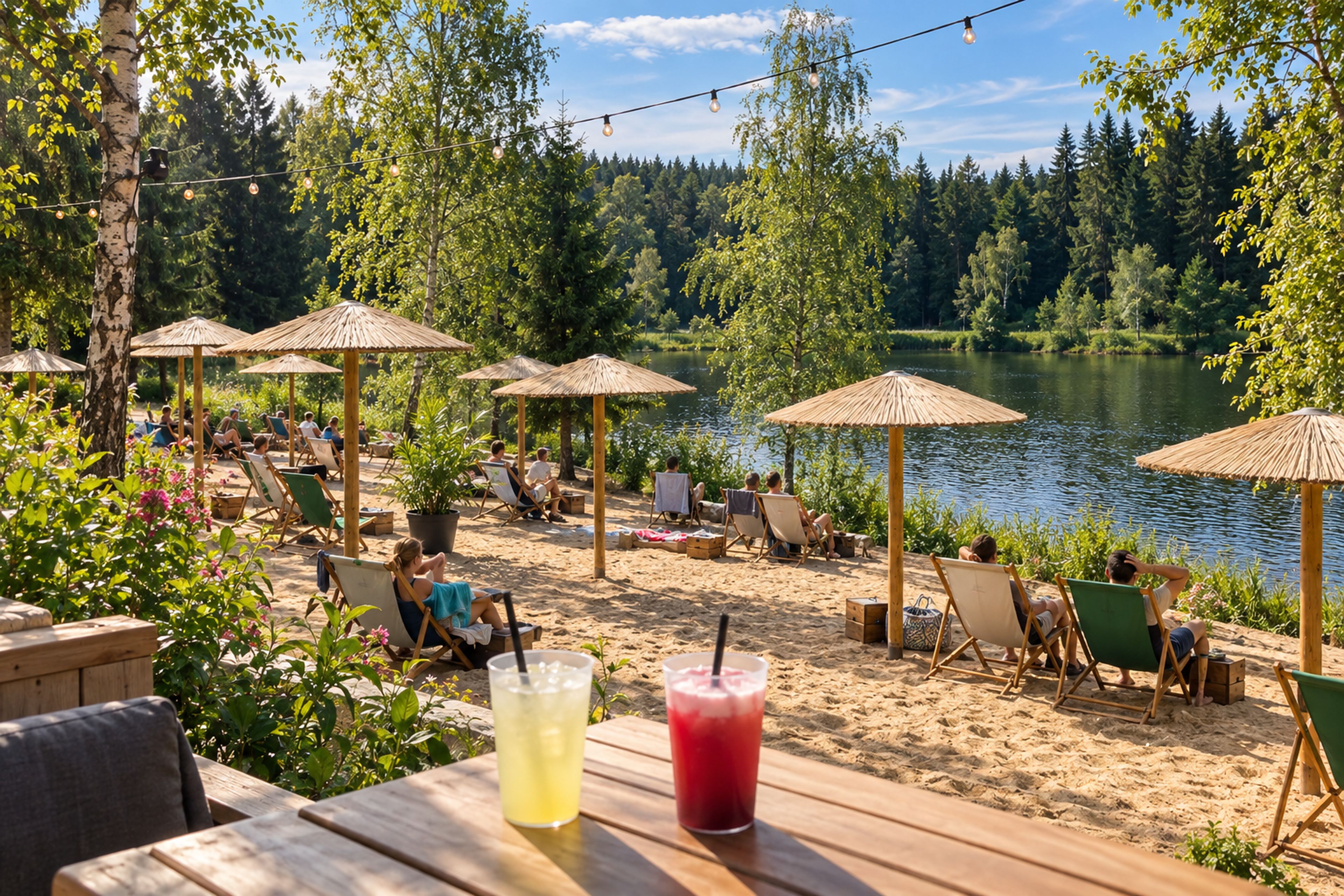 Eine Strandlage mit Liegestühlen und Sonnenschirmen, ein Holztisch mit Getränken und Blick auf einen See.