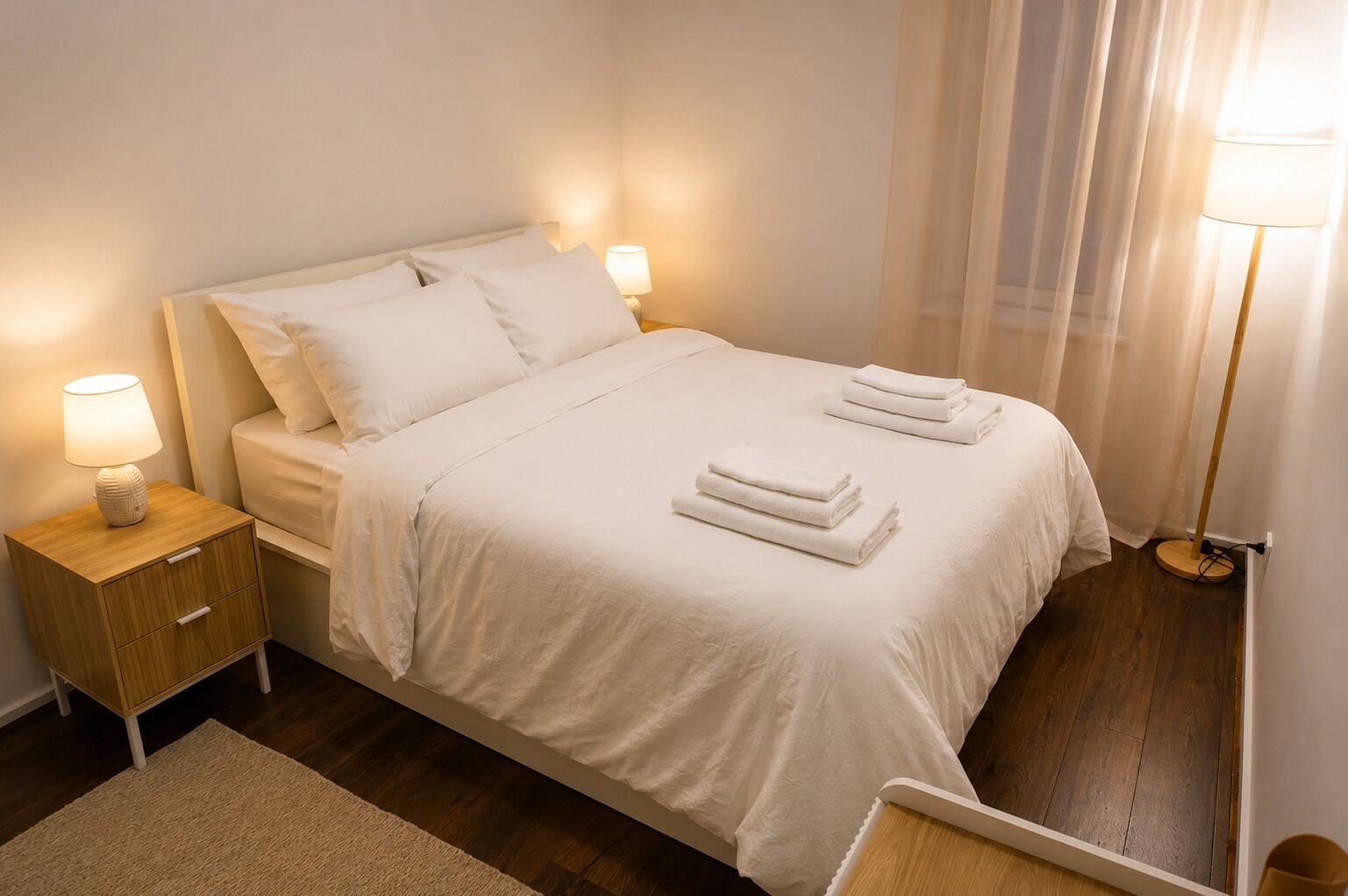 A neatly made bed with white linens, two bedside lamps, a wooden nightstand, and a mirror.