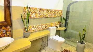 Shower, free toiletries, hair dryer, towels
