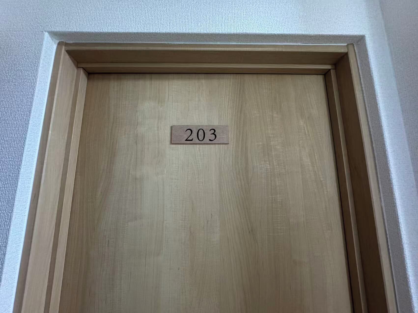 A wooden door with a number plate displaying '203'.
