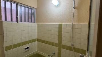 Hair dryer, towels, shampoo, toilet paper