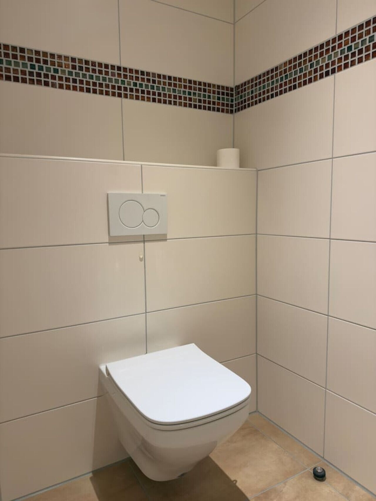 Ein kleines, modernes Badezimmer mit Toilette, Wandspülung und einer gefliesten Duschfläche.