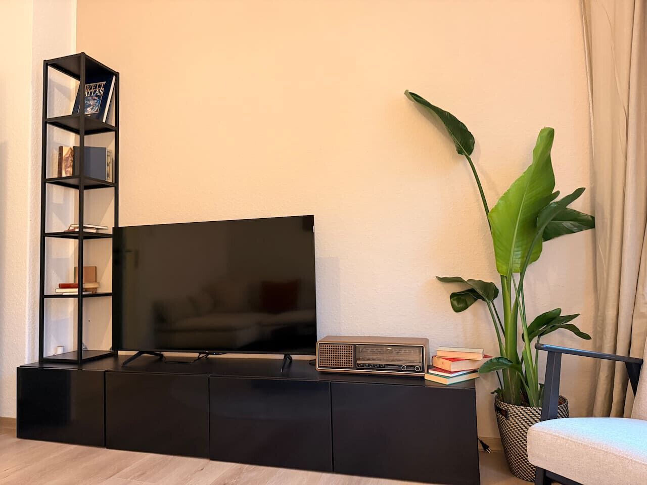 Ein modernes Wohnzimmer mit einem Flachbildfernseher, einer schwarzen Unterhaltungsecke, einer großen Grünpflanze und einem Sessel.