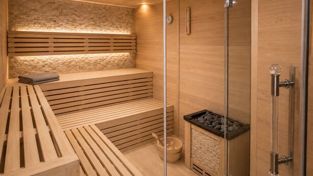 Un sauna avec des bancs en bois, un mur en pierre et une porte en verre.