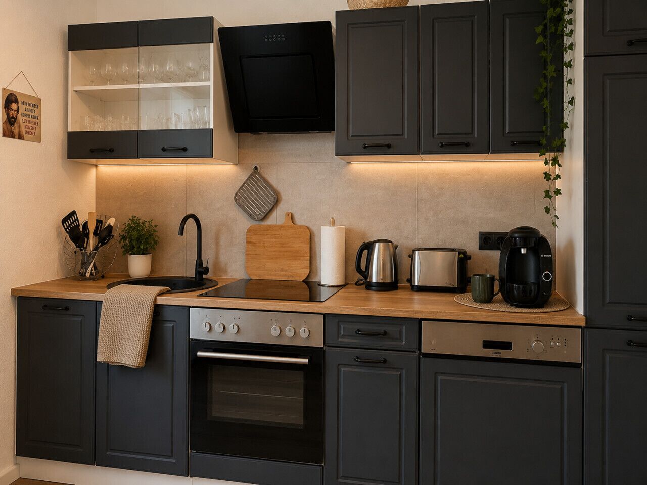 Fridge, coffee/tea maker, highchair, dining tables