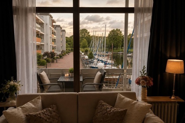 Wohnzimmer mit direktem Blick auf den Yachthafen - warm beleuchtet zum Abschalten