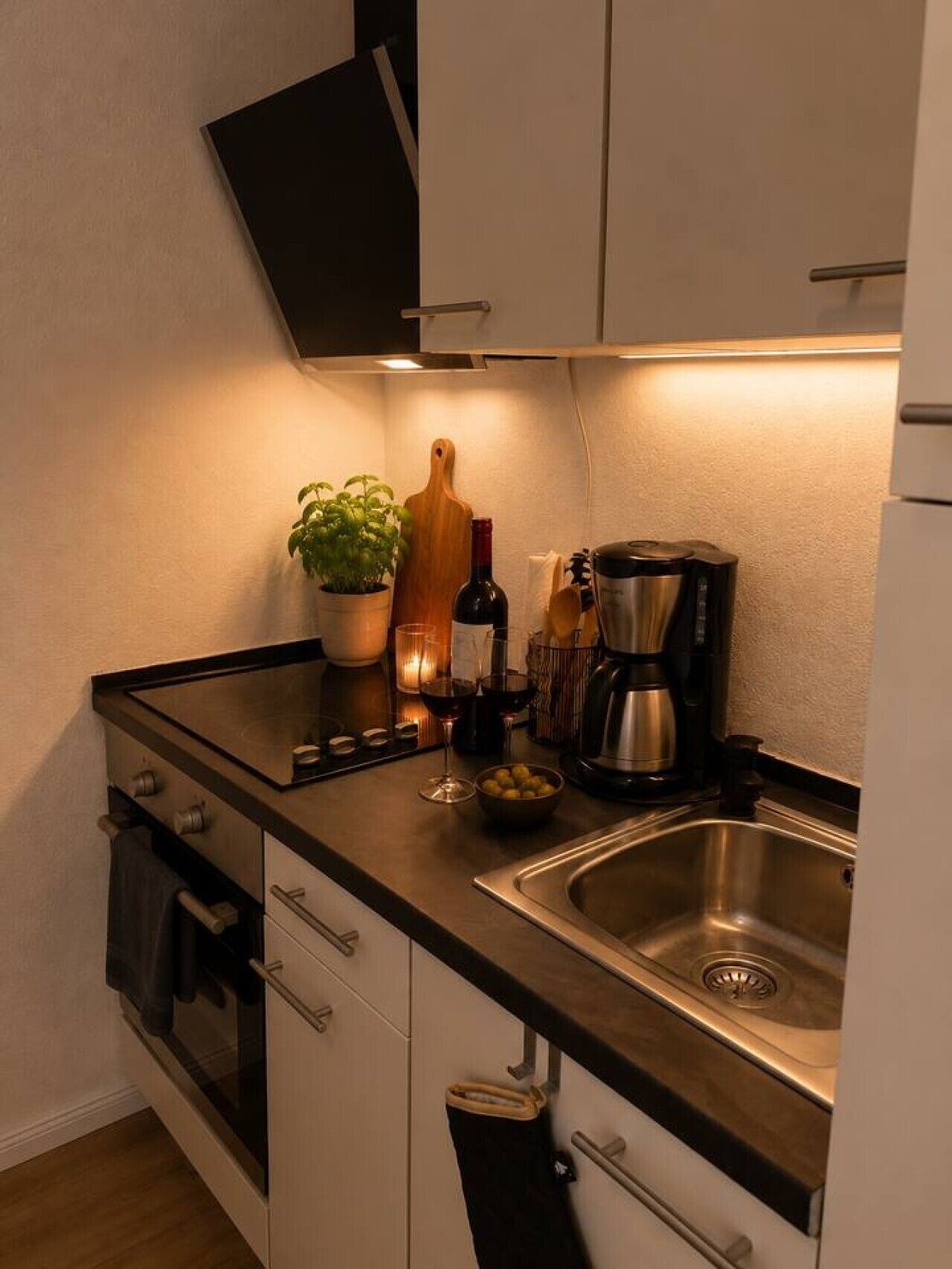 Une cuisine moderne avec un évier en acier inoxydable, une machine à café, une bouteille de vin et une plante en pot.