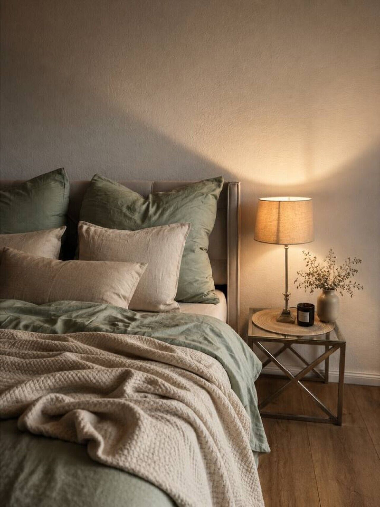 Una cama con una manta verde y beige, almohadas y una mesita de noche con una lámpara y un florero.