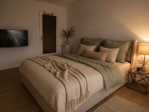 Een slaapkamer met een bed, nachtkastje, lamp en een deur.