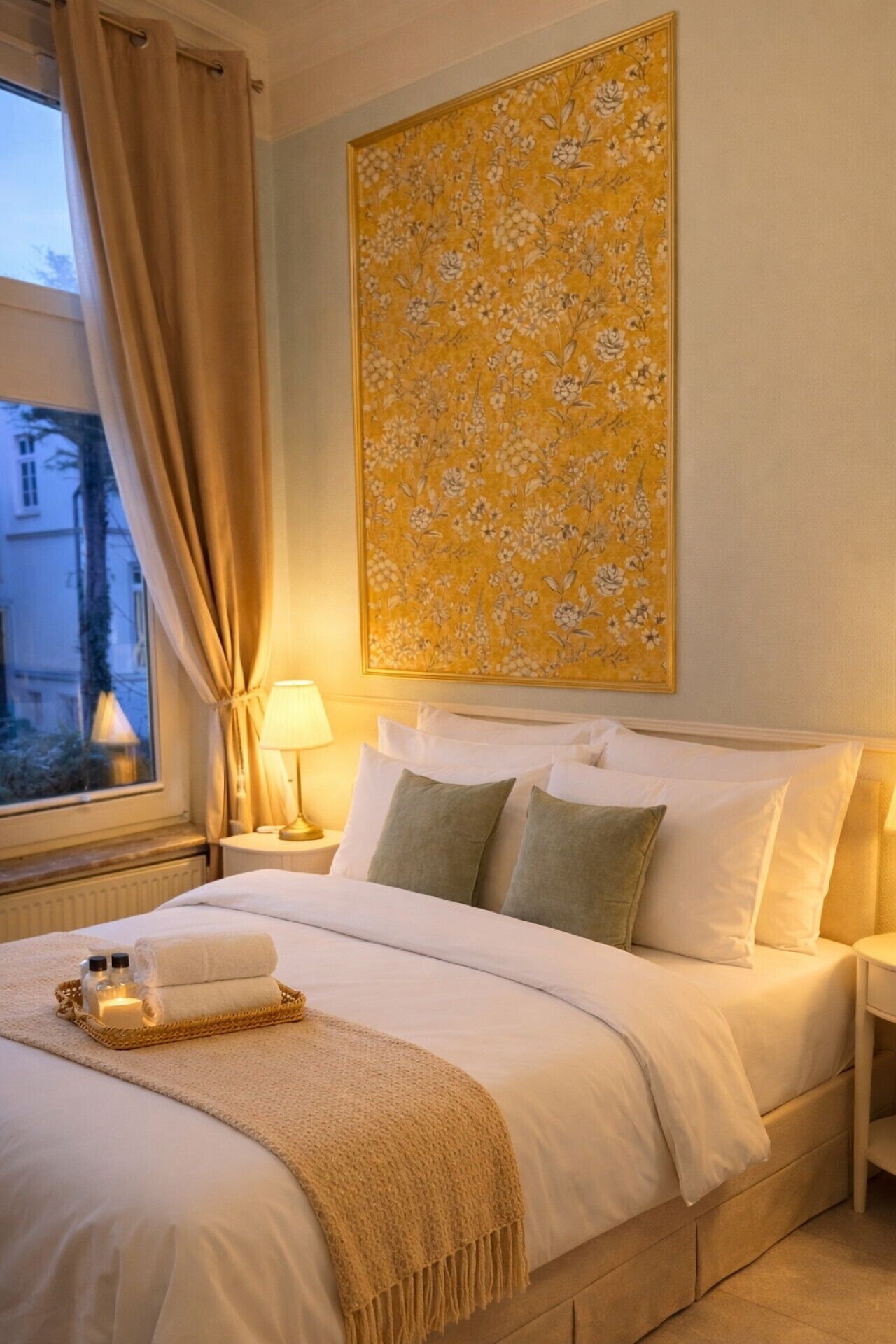 Une chambre d’hôtel avec un lit, une table de chevet, une lampe, une fenêtre avec des rideaux et une œuvre d’art florale accrochée au mur.