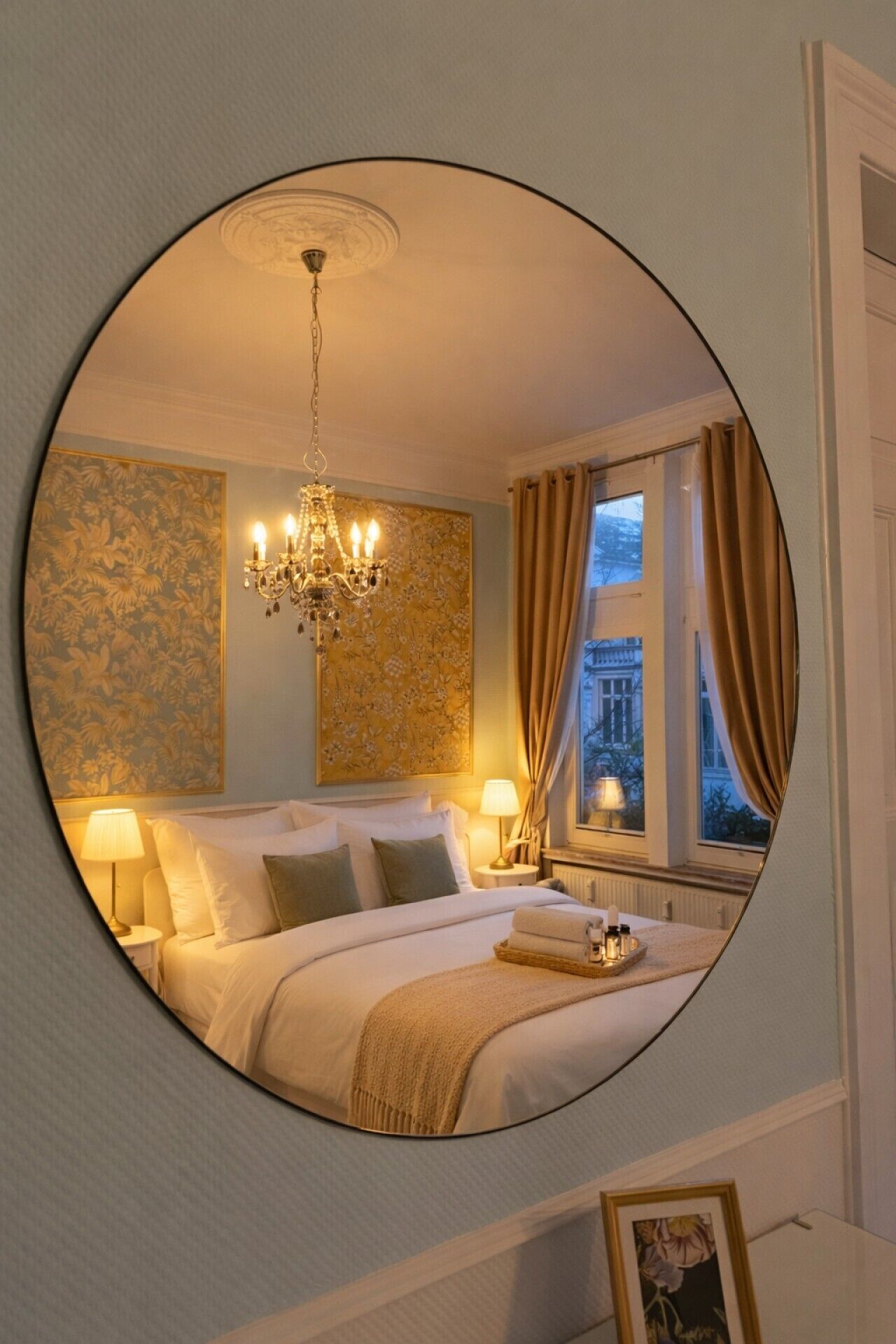 A hotel room with a bed, a chandelier, a window with curtains, and a wall with floral wallpaper.