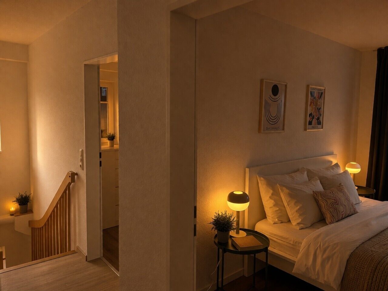 Ein Hotelzimmer mit einem Bett, Nachttischlampen, einem kleinen Tisch mit einer Pflanze und einer Treppe.