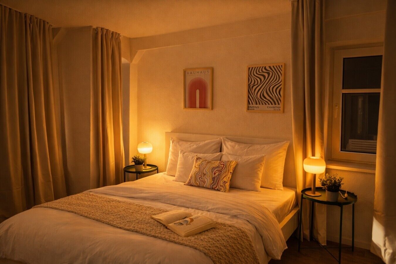 Camera d'albergo con un letto grande, due comodini con lampade, un'opera d'arte appesa al muro e una finestra con tende.