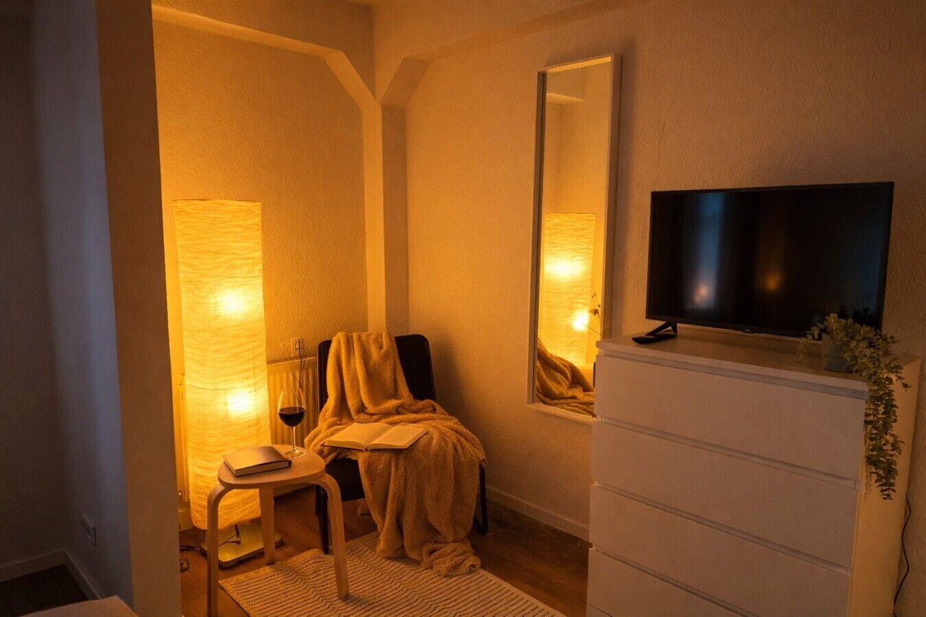 Una stanza con un letto, una televisione su un comò e una finestra con vista.