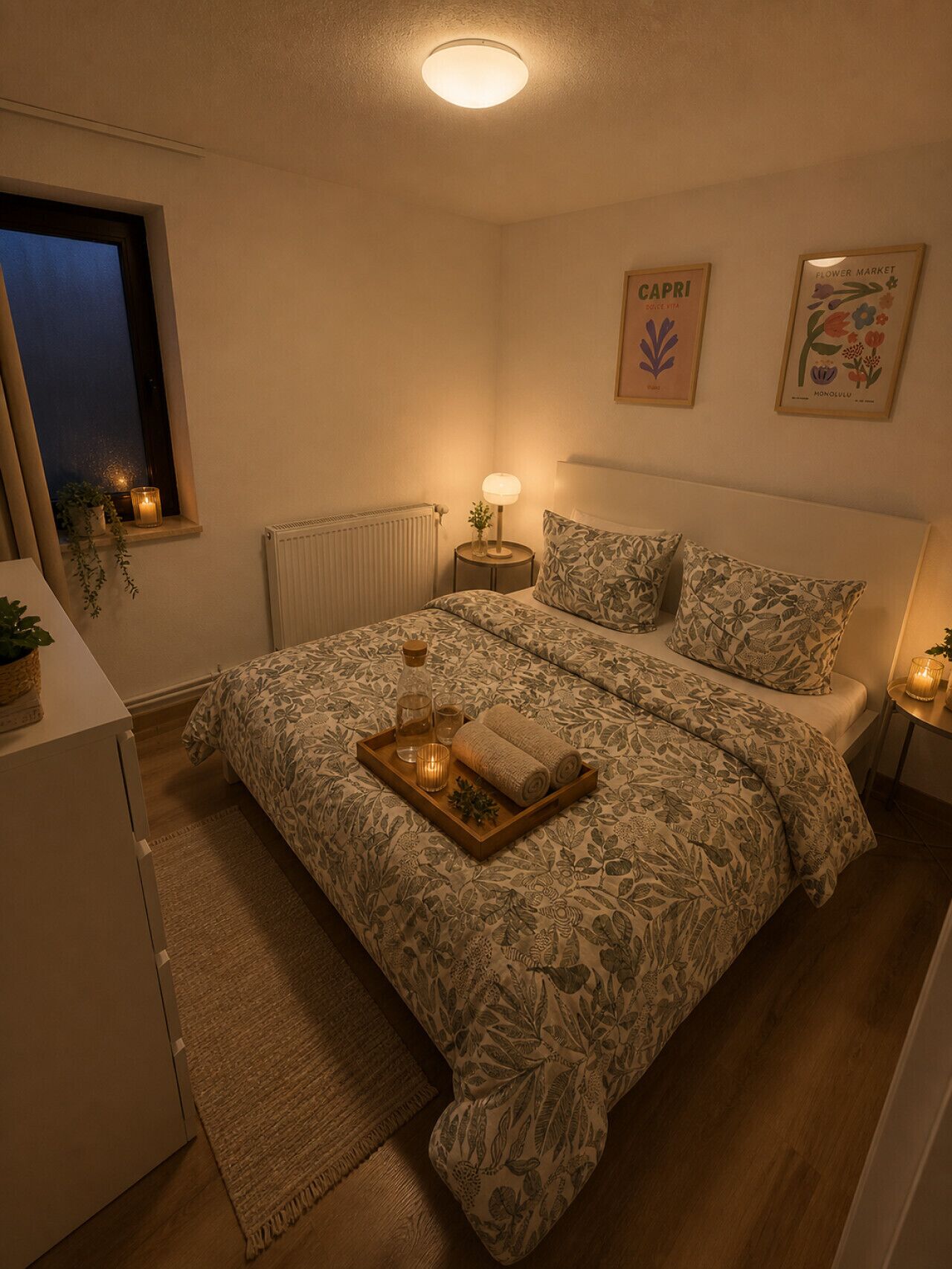 Een slaapkamer met een bed, nachtlampen, een radiator, een raam en een lijst met een afbeelding aan de muur.