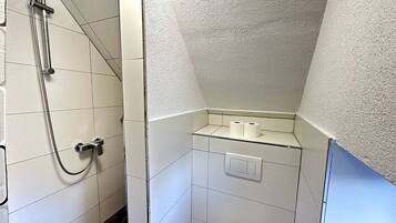 Ein kleines Badezimmer mit weiß gefliesten Wänden, einer Dusche mit Handbrause, einer Glasablage mit Toilettenpapier und einem Handtuchhalter.