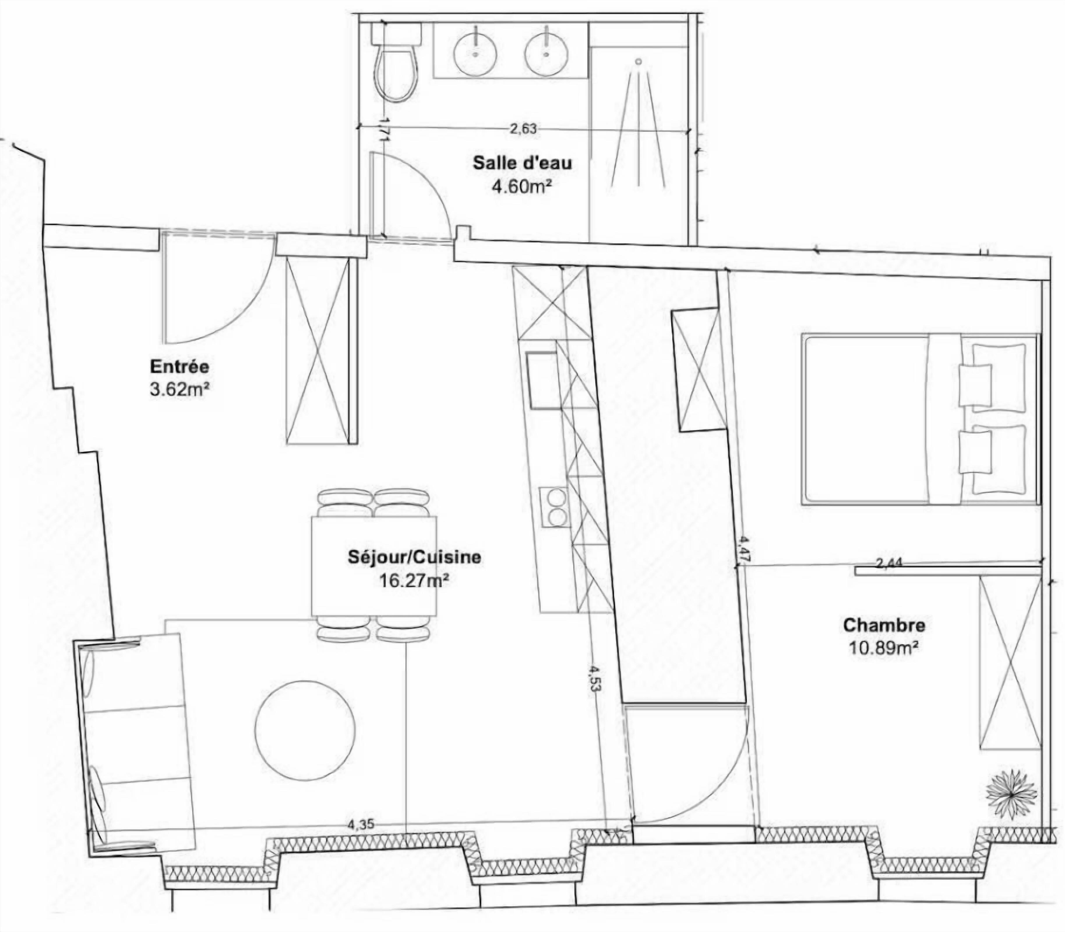 A floor plan with a living/dining area (16.27m²), a bedroom (10.89m²), a bathroom (4.60m²), and an entrance (3.62m²).