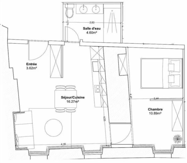 A floor plan with a living/dining area (16.27m²), a bedroom (10.89m²), a bathroom (4.60m²), and an entrance (3.62m²). - Elegant renovated T2 - Hyper center - Quiet comfort (Thonon-les-Bains)