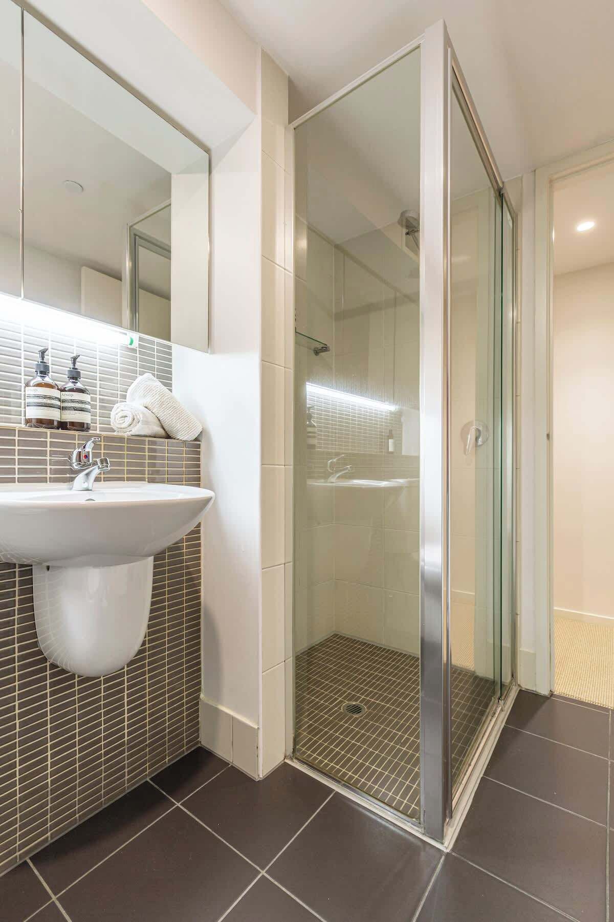 Shower, hair dryer, towels, shampoo