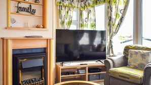 En stue med pejs, fjernsyn og sofa.