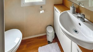 Ein Badezimmer mit Toilette, einem weißen Teppich, einem Waschbecken und einem Mülleimer.