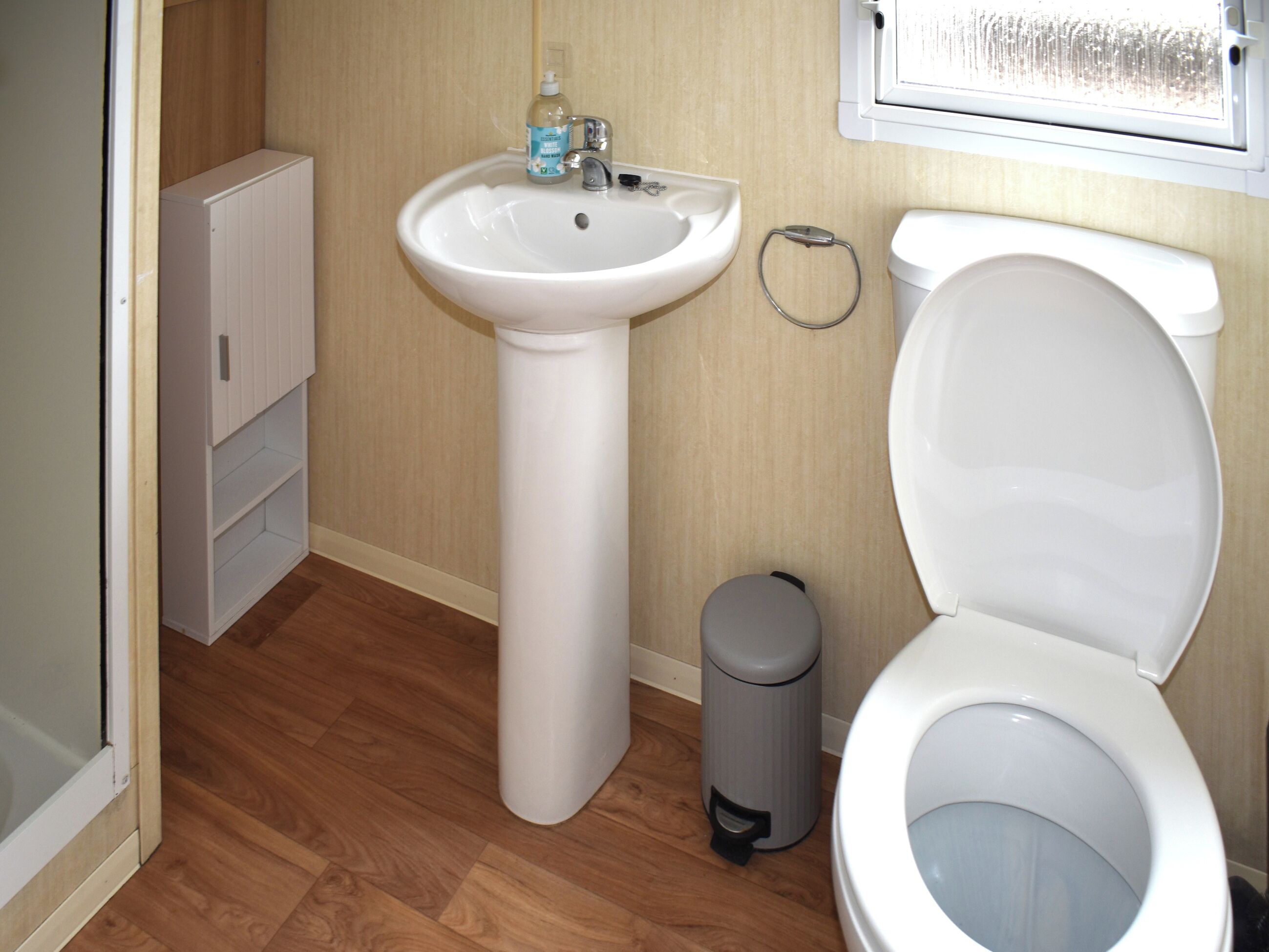 A bathroom with a pedestal sink, toilet, and trash can.