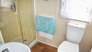 Une salle de bain avec douche, toilettes et lavabo.