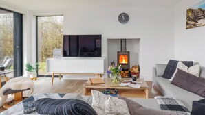 A modern living room with a fireplace, a sofa, a coffee table, and a TV. - 3 bedroom accommodation in Dorchester (Dorchester)