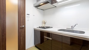 Una cocina moderna con estufa, fregadero y armarios de madera.