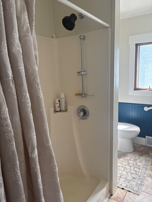 Shower, towels, soap, toilet paper
