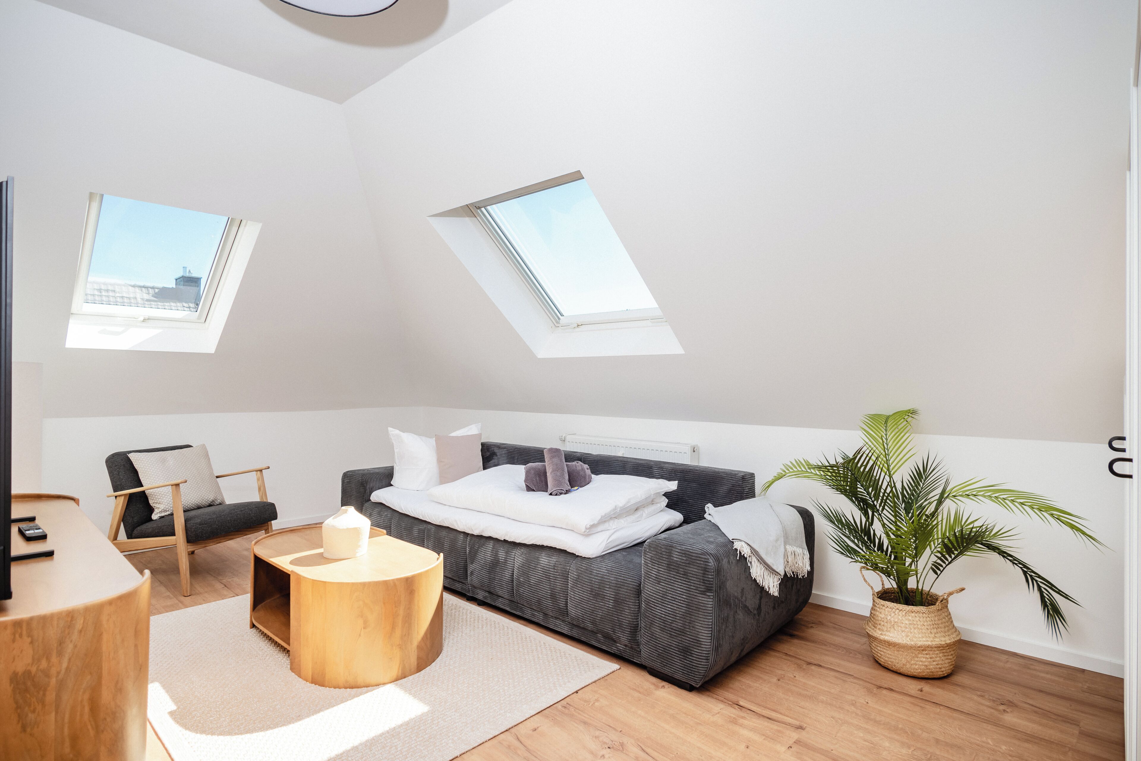 Ein modernes Schlafzimmer mit Dachfenster, einer Couch, einem Sessel, einem runden Holztisch und einem Topfpflanzen.