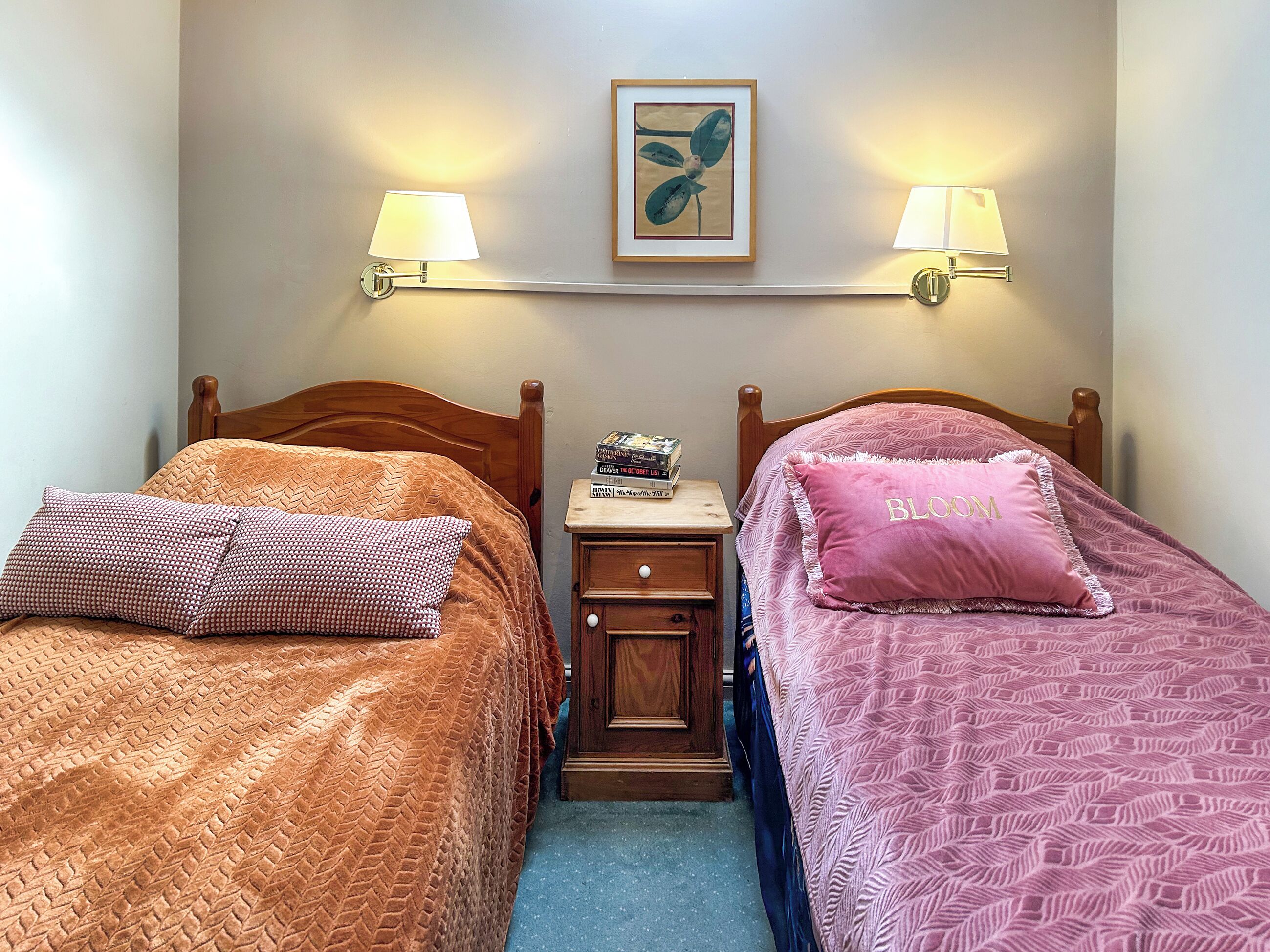 Deux lits simples avec des têtes de lit, une table de chevet avec une lampe, un tableau encadré au mur et un petit meuble en bois.