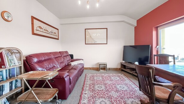 Ein Wohnzimmer mit Ledersofa, Fernseher, gemustertem Teppich und Bücherregal.