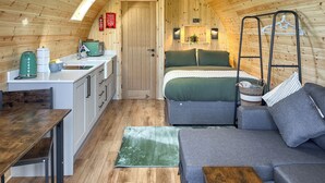Ein gemütliches Cabin-Interieur mit Küchenzeile, einem Bett, einer Couch und einem Hängesessel.