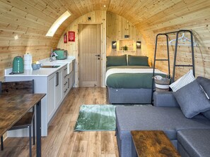 Ein gemütliches Cabin-Interieur mit Küchenzeile, einem Bett, einer Couch und einem Hängesessel.