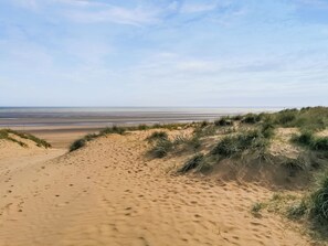 Ein Sandstrand mit Dünen und wolkenlosem Himmel.