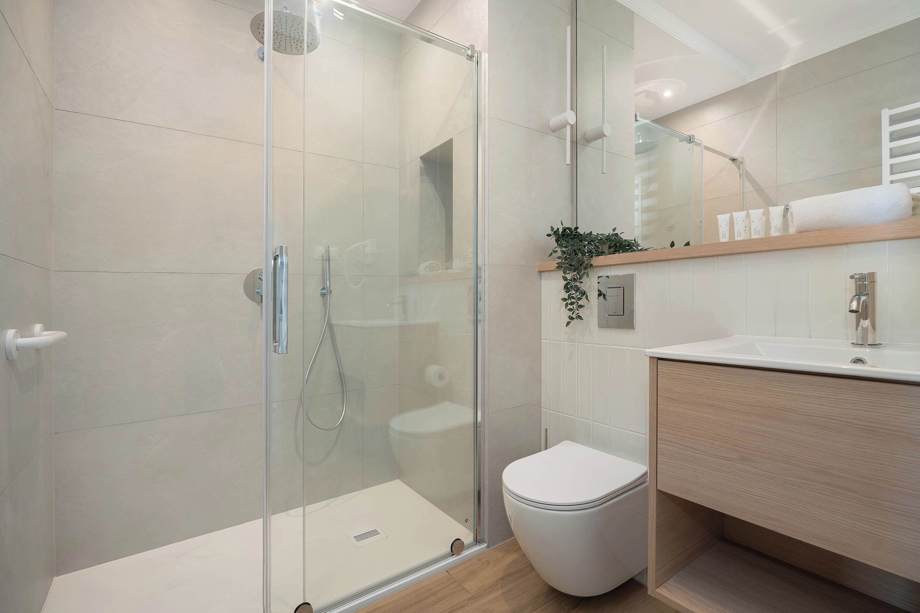Shower, hair dryer, towels, shampoo